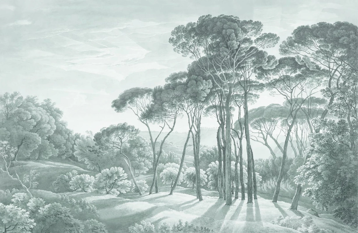 Фотообои и фрески на стену - пейзаж, лес, зеленый лес, лес изумрудного цвета, обои лес, на стену лес, лес арт обои, нарисованный лес, обои эстетика леса, обои лес в хорошем качестве