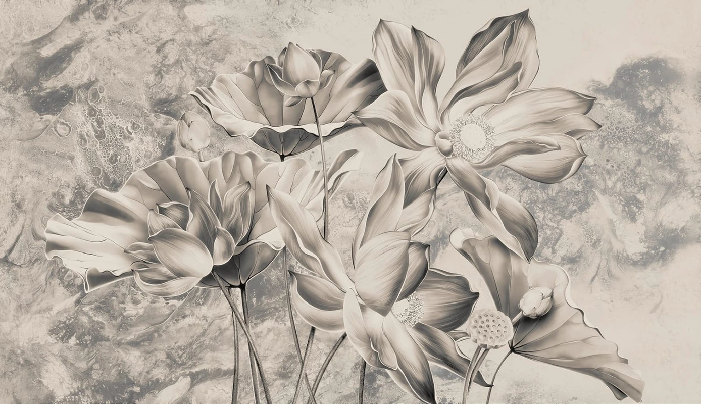 Фотообои и фрески на стену - наши работы, лотосы, бежевые, на мраморном фоне