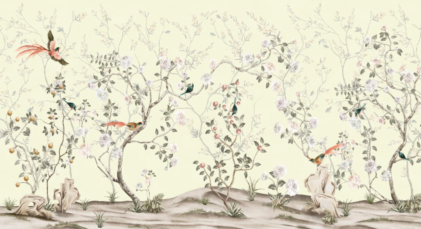 Фотообои и фрески на стену - шинуазри, сад, на салатовом фоне, с цветными птицами