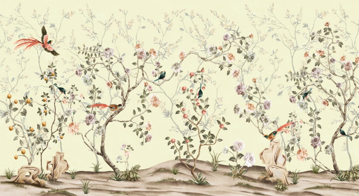 Фотообои и фрески на стену - шинуазри, сады, с яркими птицами, с розами