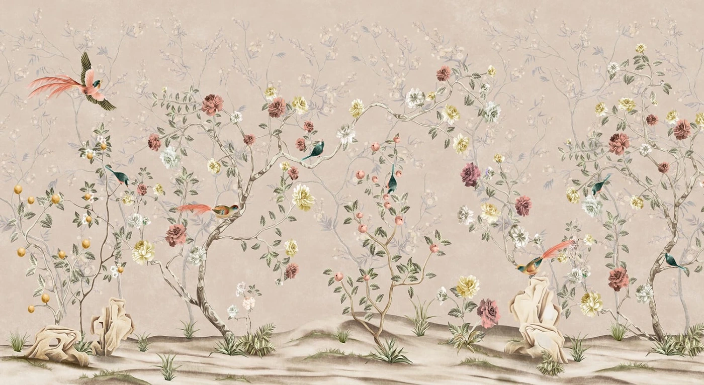 Фотообои на стену - шинуазри, сад, с тропическими птицами, с цветами, бежевые