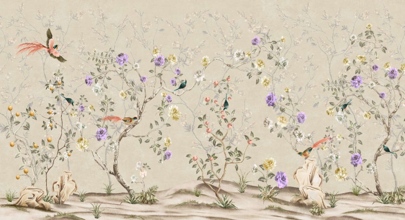 Фотообои и фрески на стену - шинуазри, на бежевом фоне, с сиреневыми цветами