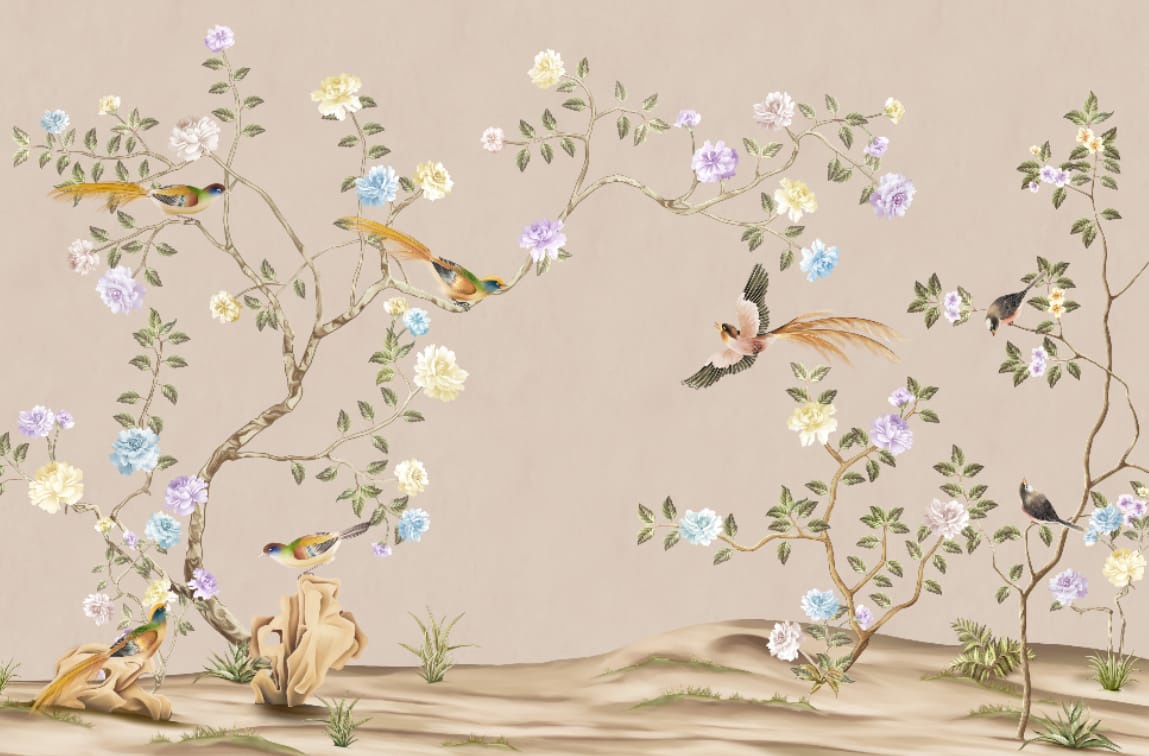 Фотообои и фрески на стену - шинуазри, сад, бежевые, с цветными птицами