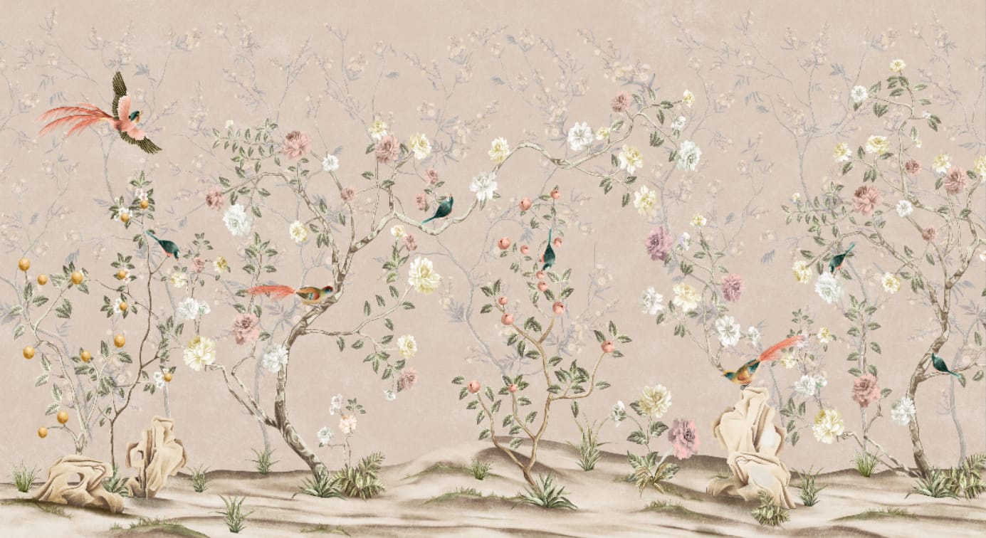 Фотообои и фрески на стену - шинуазри, сады, бежевые, с белыми цветами