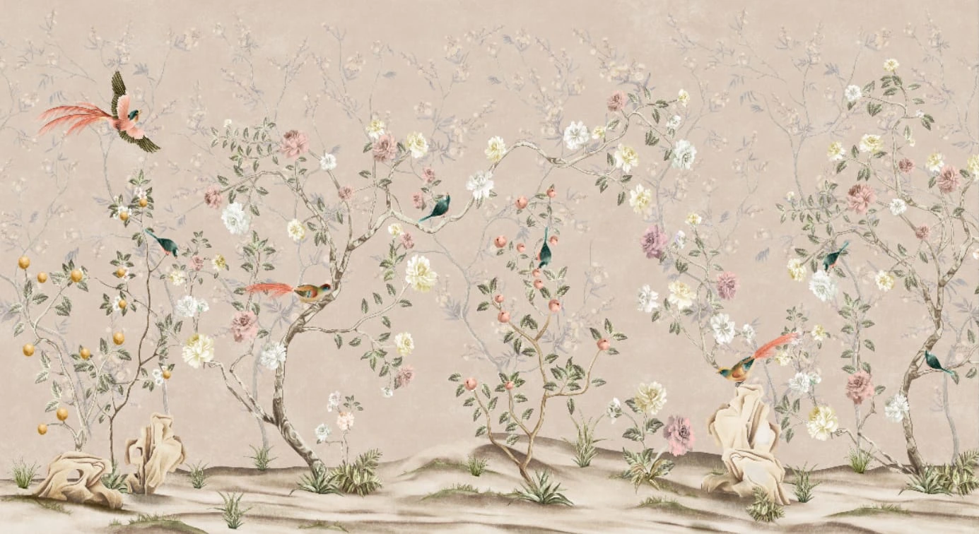 Фотообои на стену - шинуазри, сады, бежевые, с белыми цветами