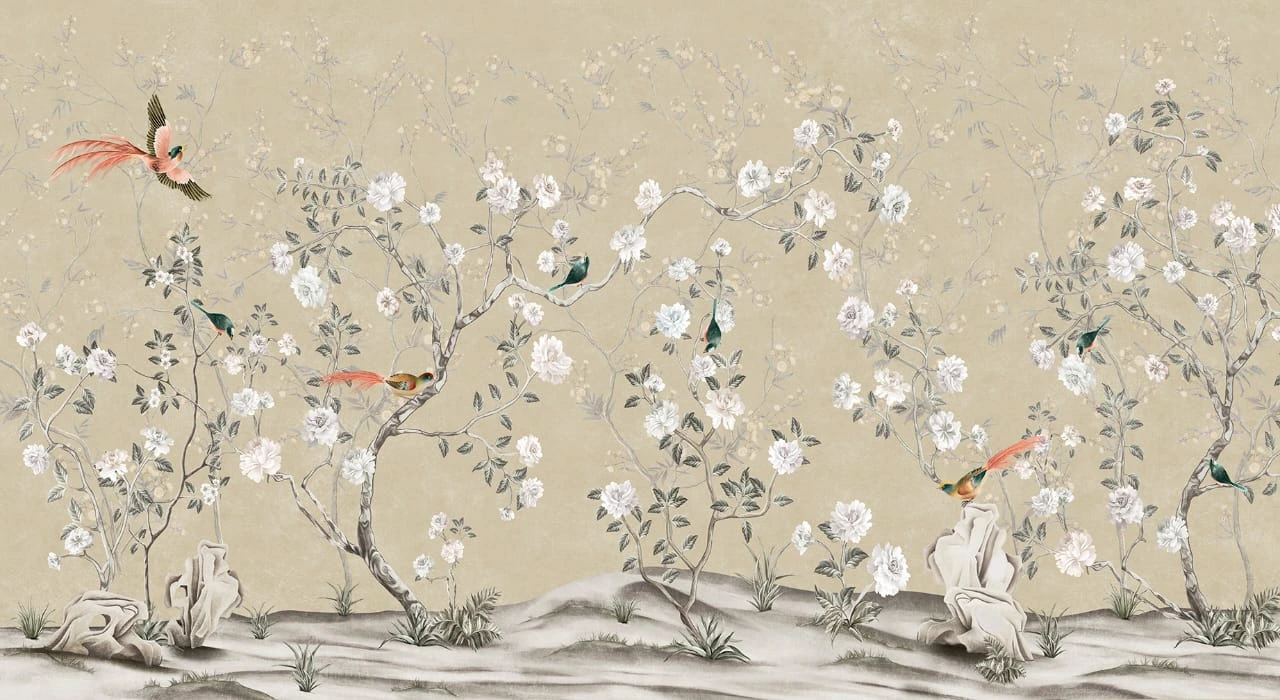 Фотообои на стену - сад, шинуазри, бежевые, с птицами, с розами, с цветами