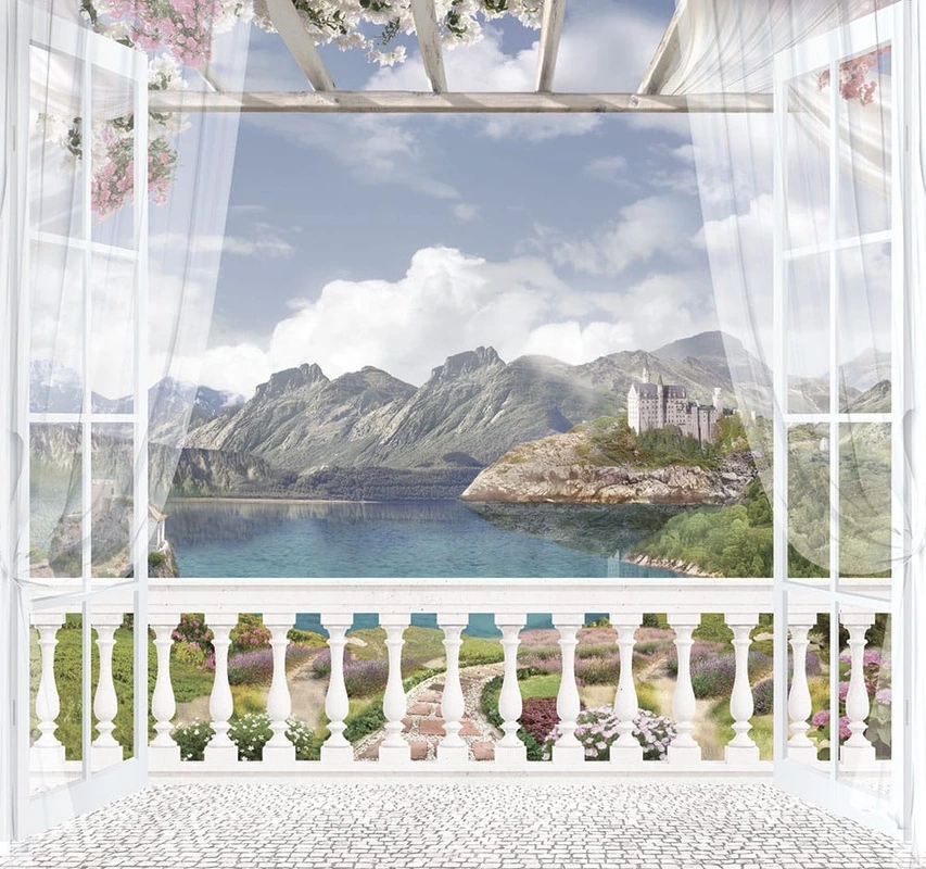 Фотообои на стену - пейзаж, окно, горы, 3д