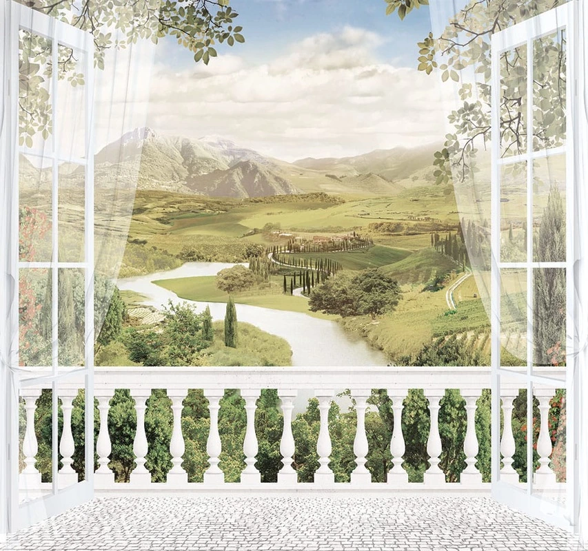 Фотообои на стену - пейзаж, окно, с рекой, веранда, балкон, 3д