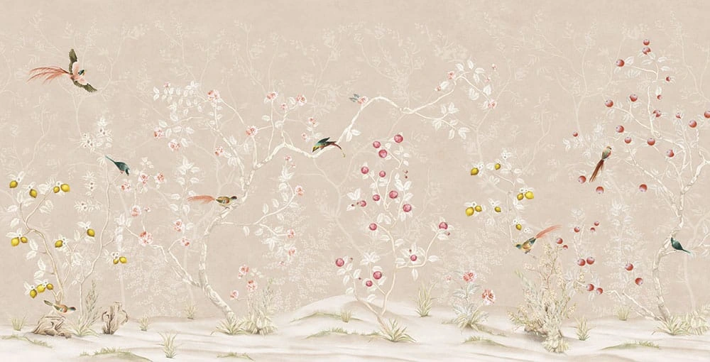 Фотообои на стену - шинуазри, сад, с птицами, на бежевом фоне