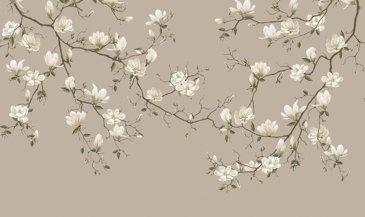 Фотообои на стену - цветы, ветки магнолий, белые, на бежевом фоне