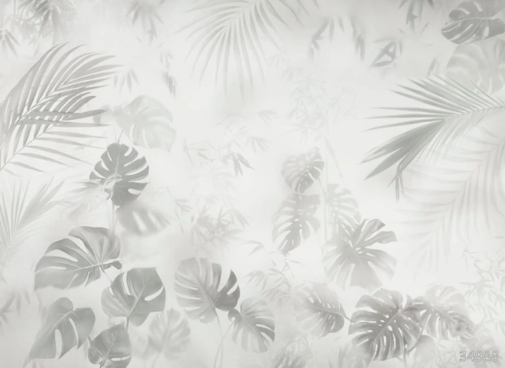 Фотообои на стену - в загородный дом, листья, тропические, серо-зеленые