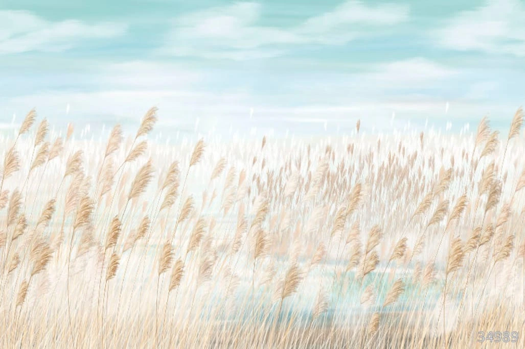 Фотообои и фрески на стену - в загородный дом, поле, голубое небо, с облаками, колосья