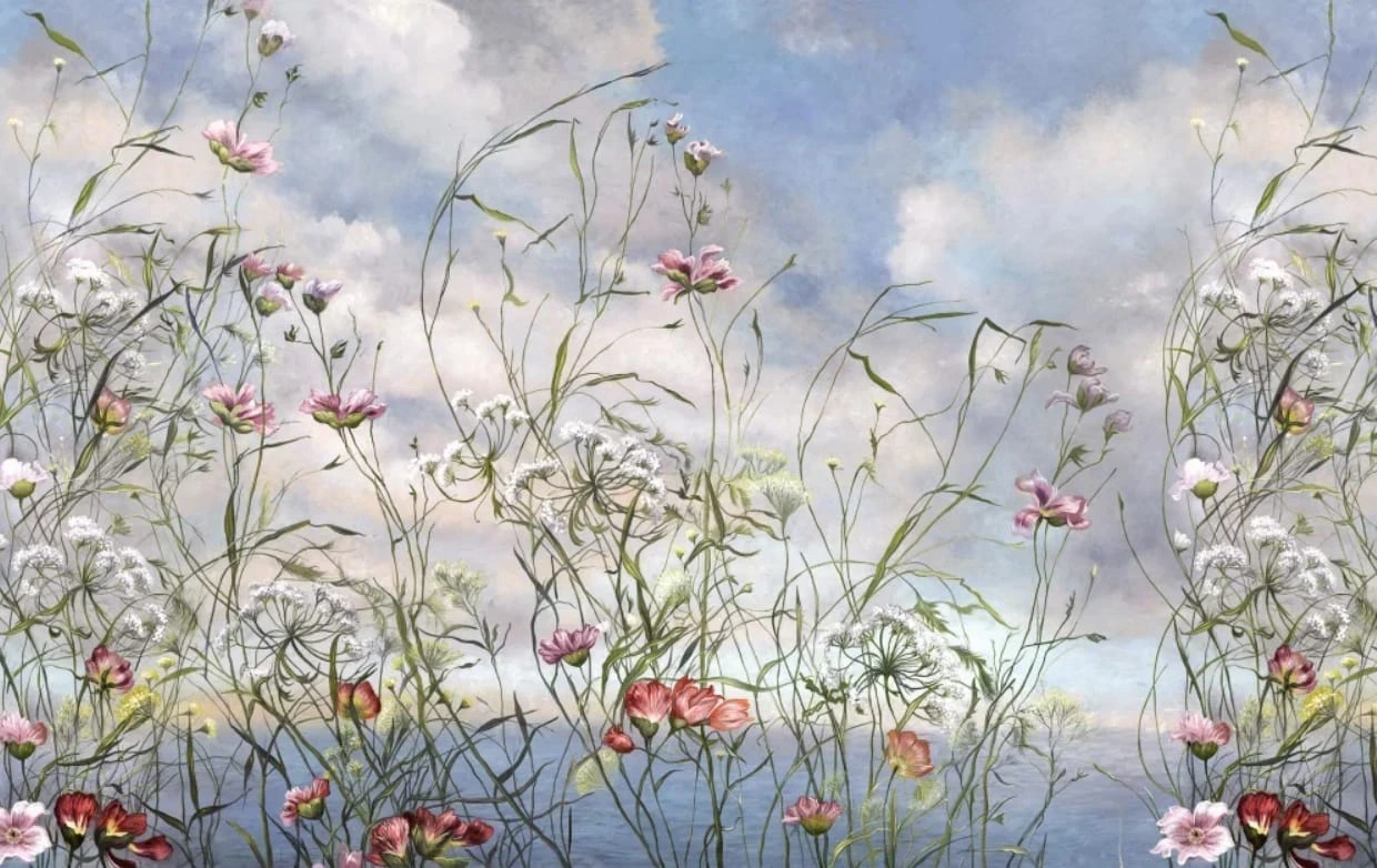 Фотообои на стену - в детскую комнату, полевые цветы, небо с облаками