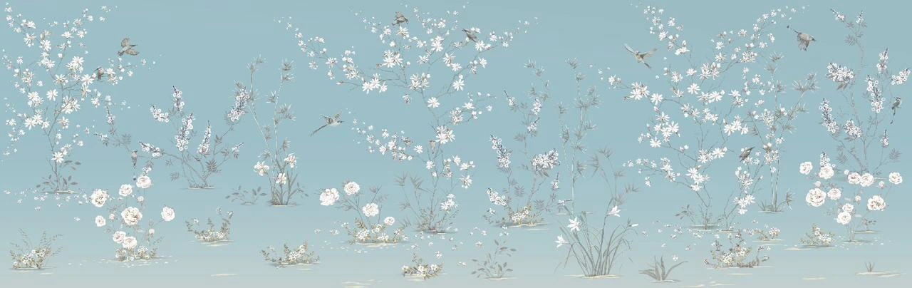 Фотообои и фрески на стену - шинуазри, сад, с птицами, с цветами, сине-голубые