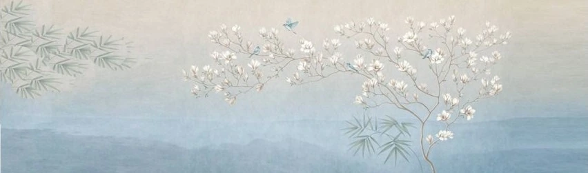 Фотообои на стену - шинуазри, сад, голубые, в бежевых тонах, с птицами, с деревьями, с цветами