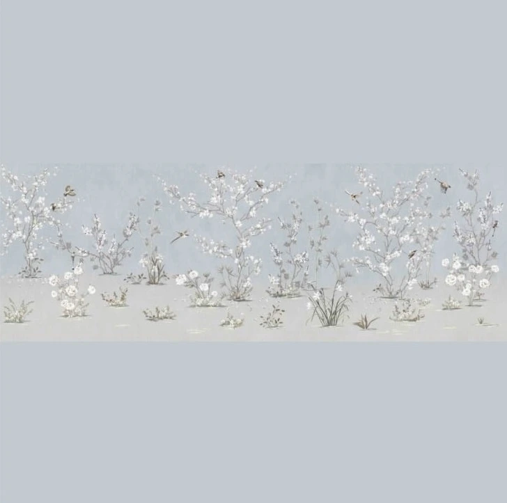 Фотообои на стену - шинуазри, сад, на голубом фоне, с птицами, с деревьями, с цветами