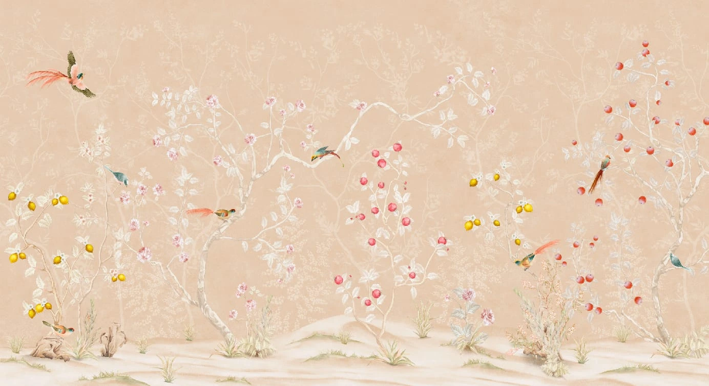 Фотообои на стену - шинуазри, сад, с птицами, с цветам, на персиковом фоне