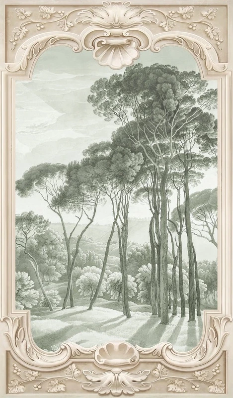 Фотообои на стену - пейзаж, с соснами, новинки, голубые, в раме, 3д, арка, лес