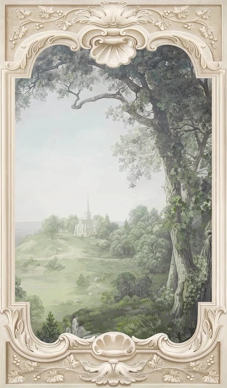 Фотообои на стену - пейзаж, с деревом, новинки, зеленые, в раме, 3д, арка, лес