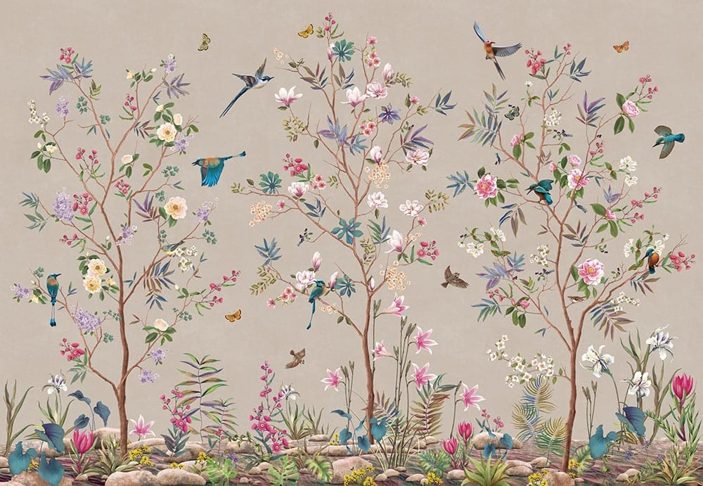 Фотообои на стену - шинуазри, сады, бежевые, на бежевом фоне, яркие птицы, деревья и цветы