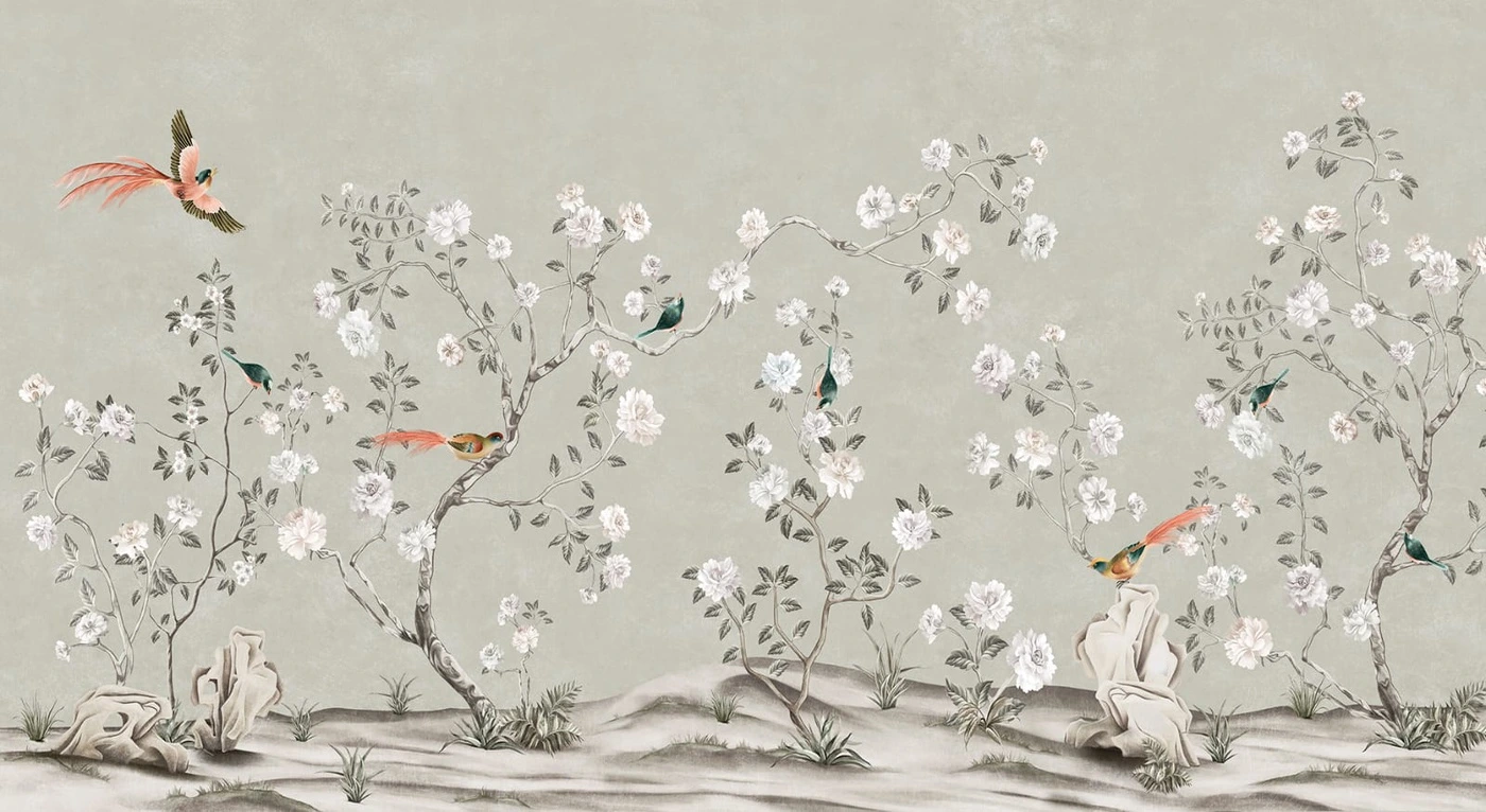 Фотообои на стену - шинуазри, сады, на сером фоне, с яркими птицами