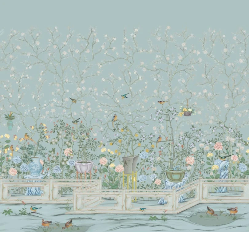 Фотообои на стену - шинуазри, сады, на бирюзовом фоне, с вазами и птицами