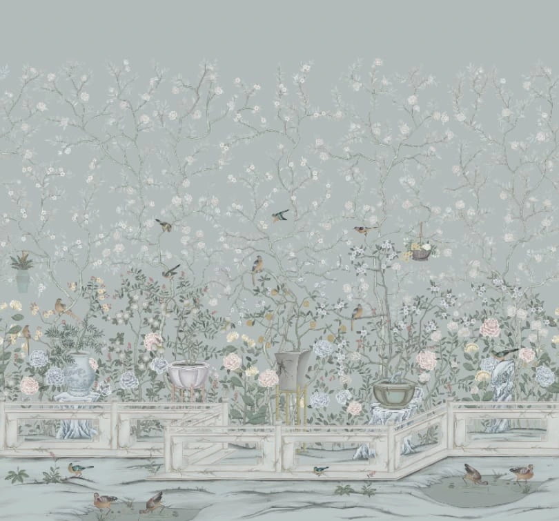 Фотообои на стену - шинуазри, сад, на серо-голубом фоне, с птицами и цветами, с деревьями