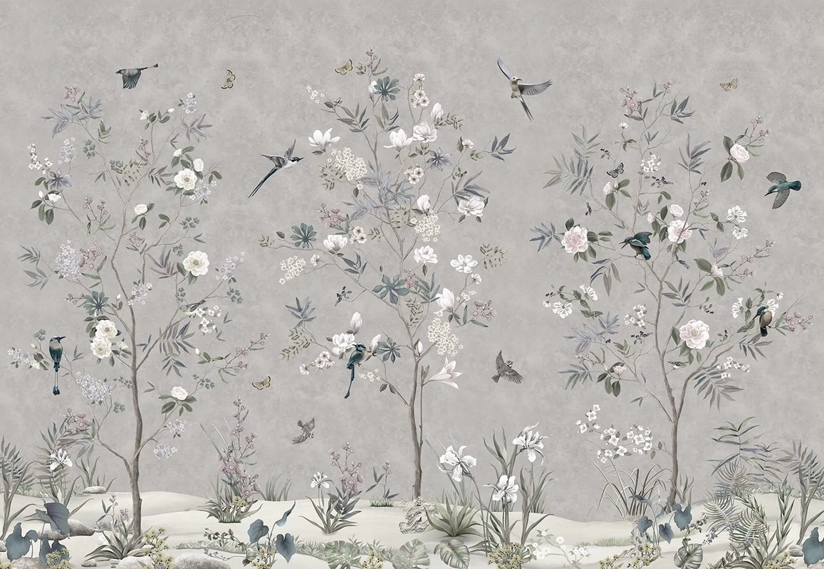 Фотообои на стену - шинуазри, на сером, белые цветы, деревья, птицы