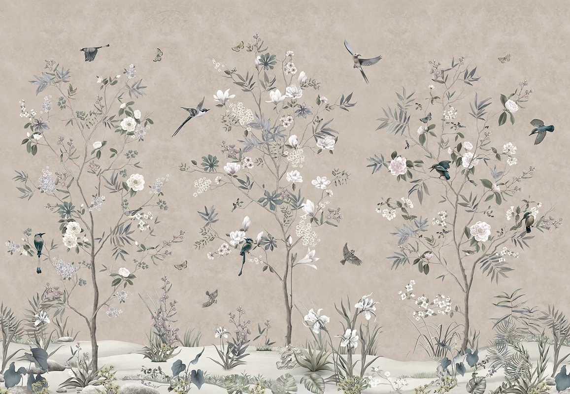 Фотообои на стену - шинуазри, на бежевом, цветы белые, с птицами, бежевые