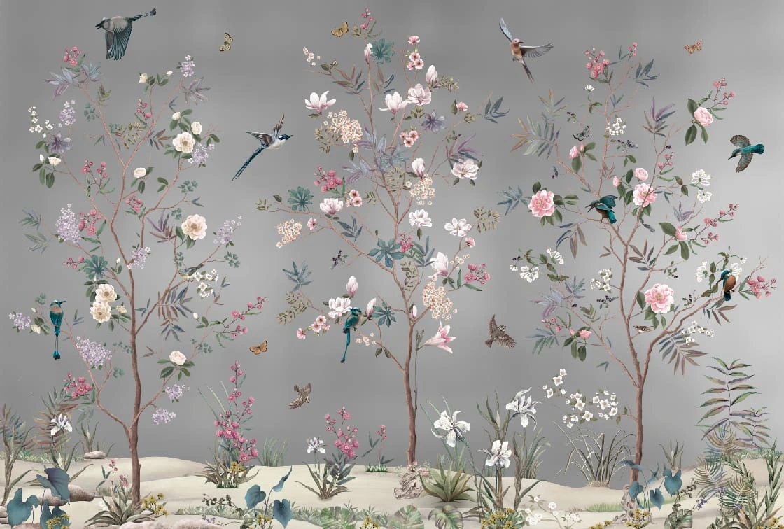 Фотообои на стену - шинуазри, на серебре, на потали, яркие, цветы и птицы