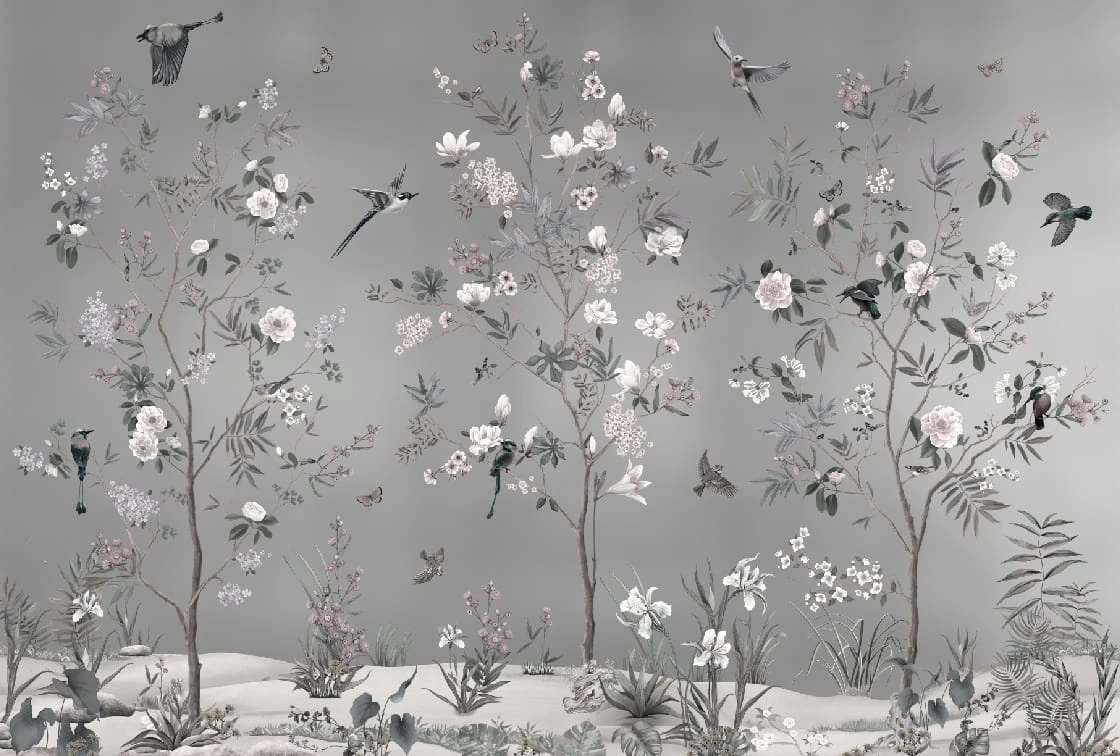 Фотообои на стену - шинуазри, на серебряной потали, сад с цветами