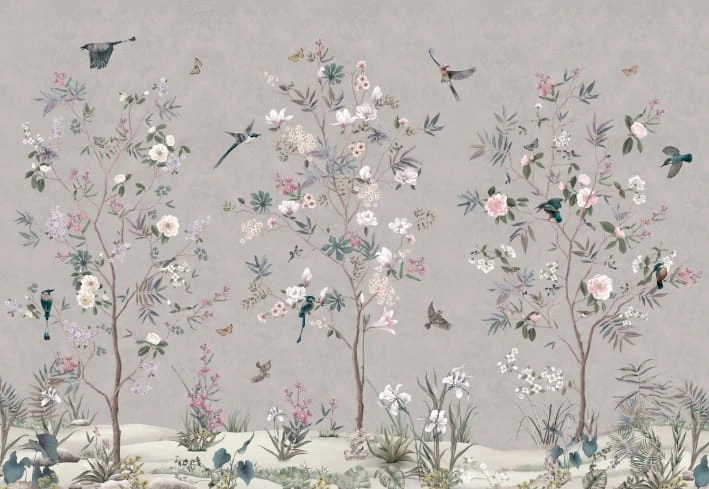 Фотообои на стену - шинуазри, на сером фоне, сад, деревья с цветами и птицами