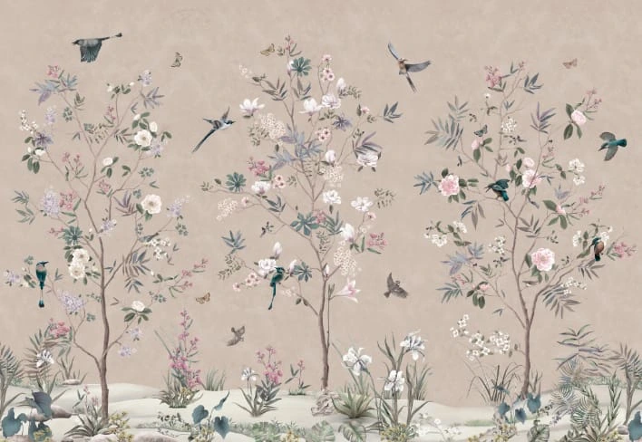 Фотообои на стену - шинуазри, сады, на бежевом фоне, бежевые, деревья с птицами
