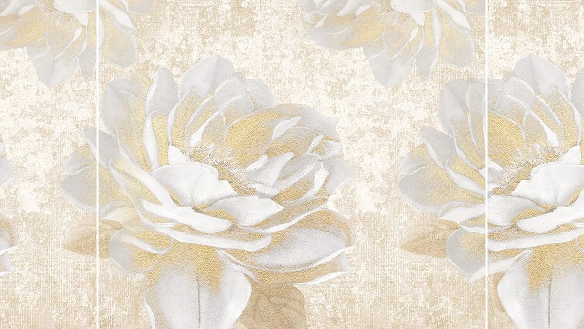 Фотообои на стену - наши работы, белые, пионы на штукатурке, золотые, триптих над диваном