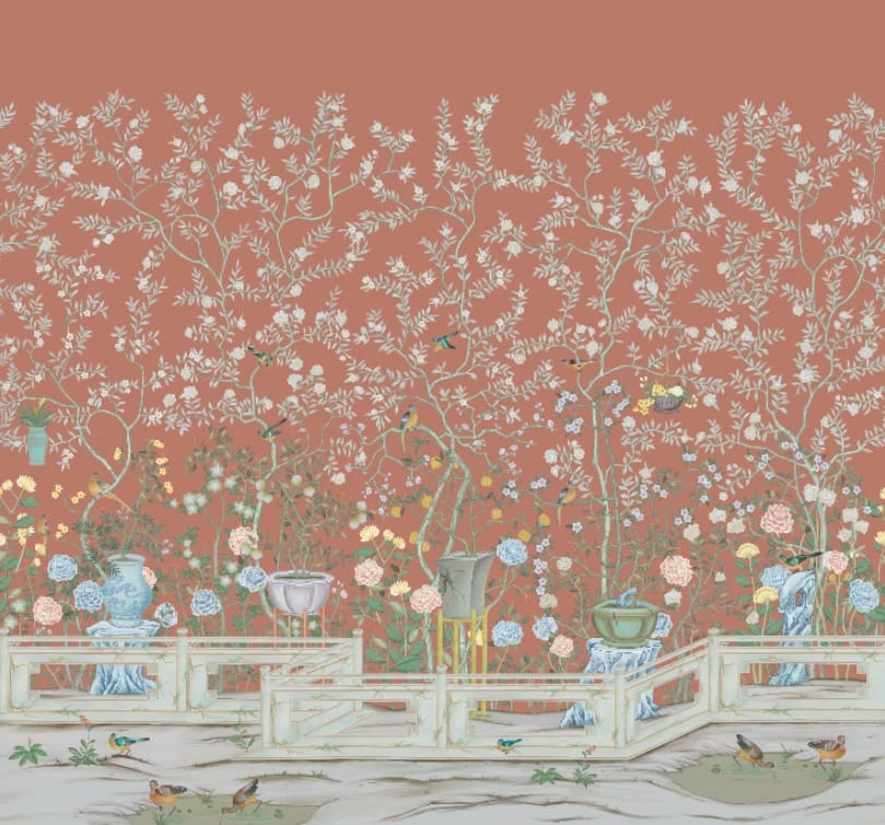 Фотообои на стену - шинуазри, сад, терракотовые, на красно-коричневом фоне, с деревьями, с птицами, с цветами