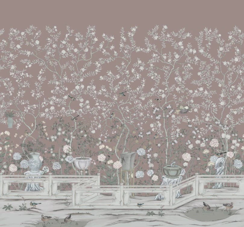 Фотообои на стену - шинуазри, сады, цвет какао, светло коричневые, деревья, птицы, цветы