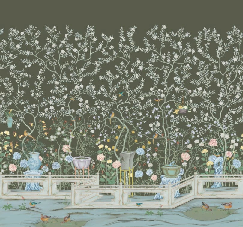 Фотообои на стену - шинуазри, сад, темно коричневые, цвета венге, с деревьями и цветами