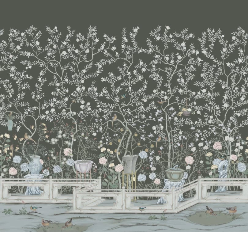 Фотообои на стену - шинуазри, цвет шоколада, деревья, птицы, цветы