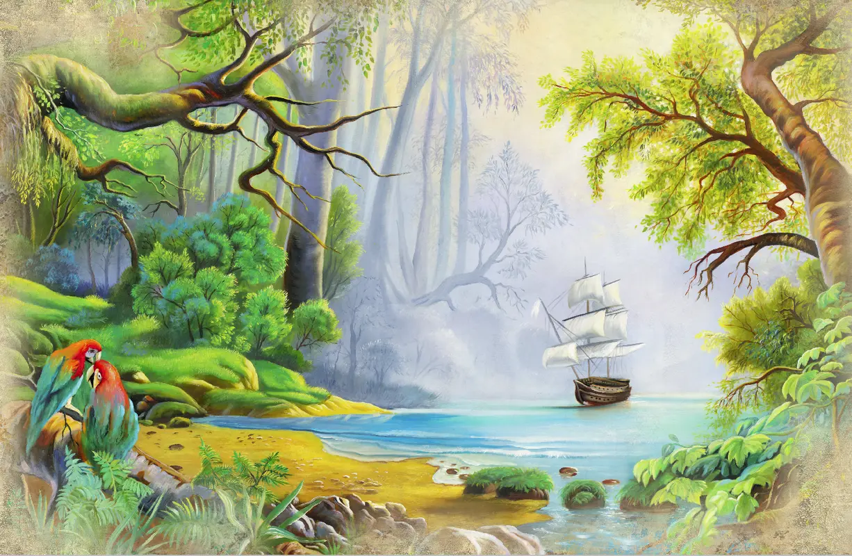 Фотообои и фрески на стену - тропический лес, кусты, тропики, океан, корабль, деревья, цветы, листья, лес, попугаи, лианы, берег, живопись, песок, тропические листья, трава, море, природа, пара, яркий