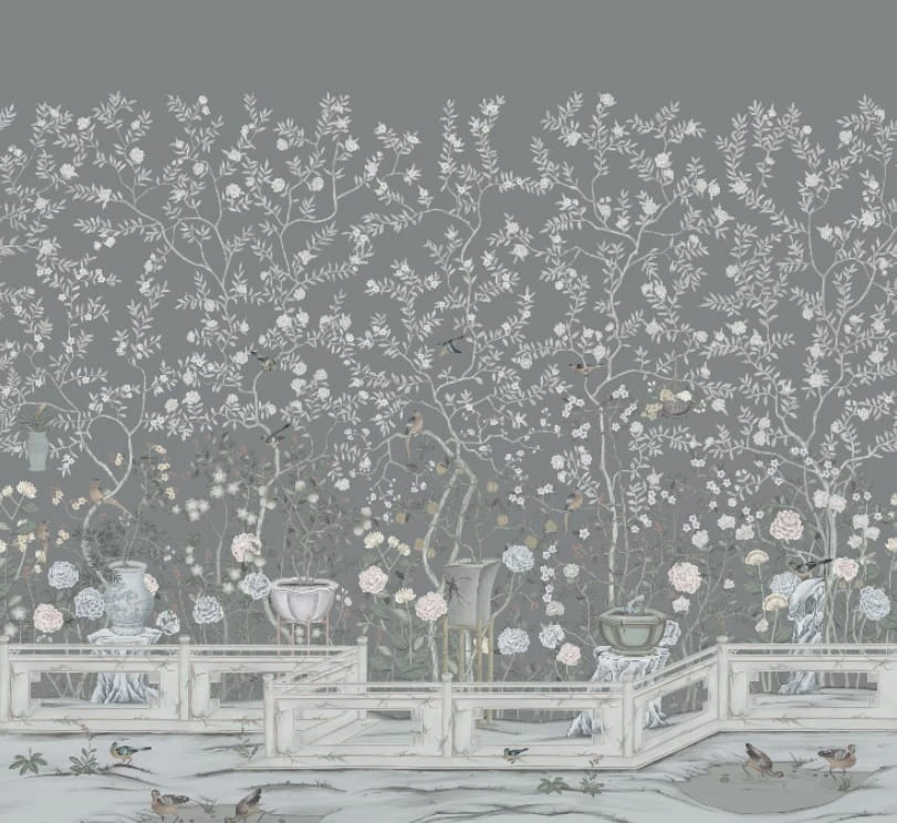 Фотообои на стену - шинуазри, сады, серо-розовые, с птицами и цветами