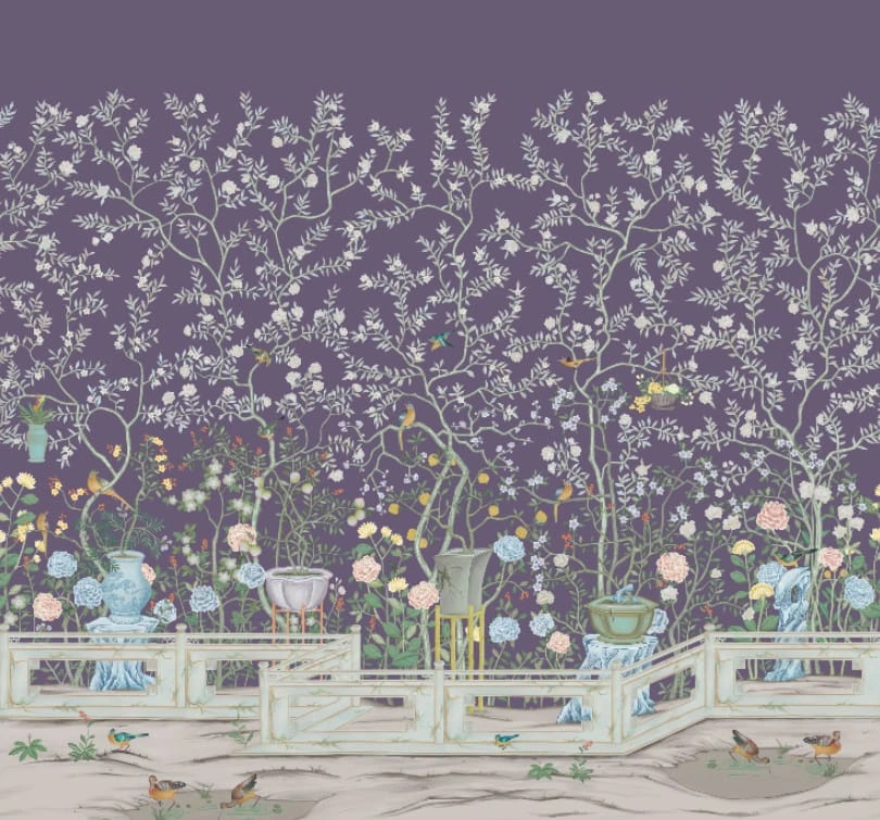Фотообои на стену - шинуазри, фиолетовые, деревья с птицами, с цветами
