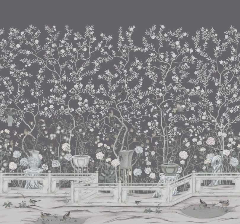 Фотообои на стену - шинуазри, серо-сиреневые, с деревьями и птицами