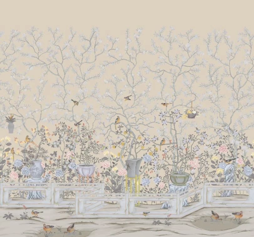 Фотообои и фрески на стену - шинуазри, сады, на кремовом фоне, с деревьями и кустами