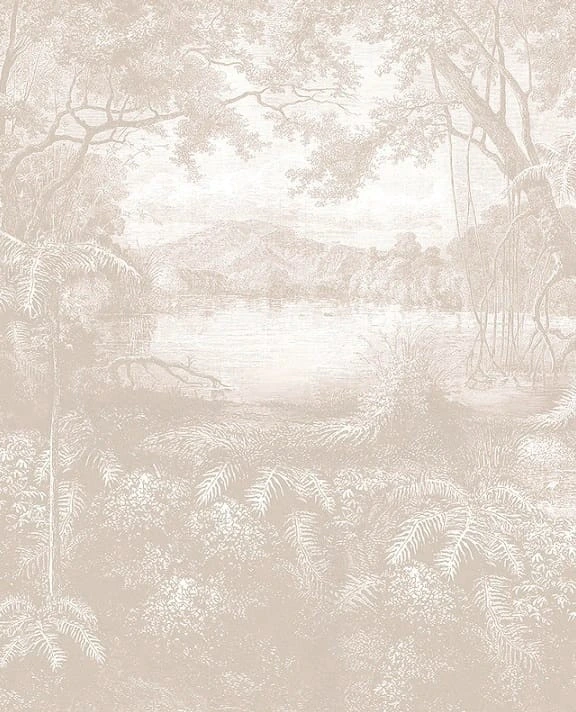 Фотообои на стену - бежевые, природа, гравюра, лес, река, 3д