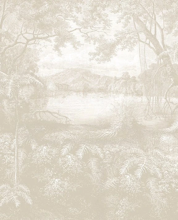 Фотообои на стену - современные, серо-бежевые, лес с рекой, 3д