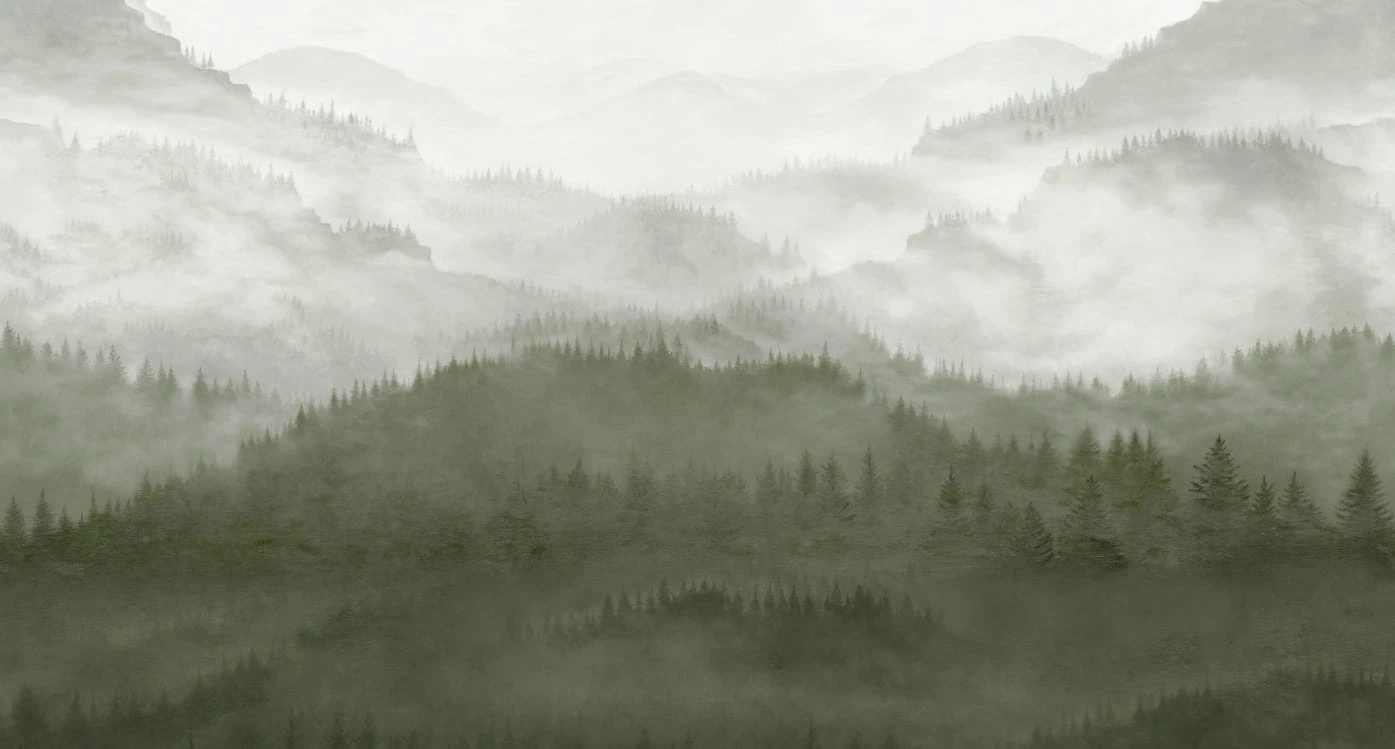 Фотообои на стену - современные, горы в тумане, зеленые, 3д