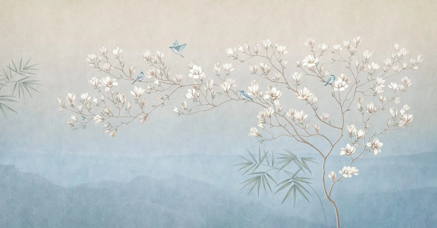 Фотообои на стену - наши работы, ветки магнолии, голубые, кремовые