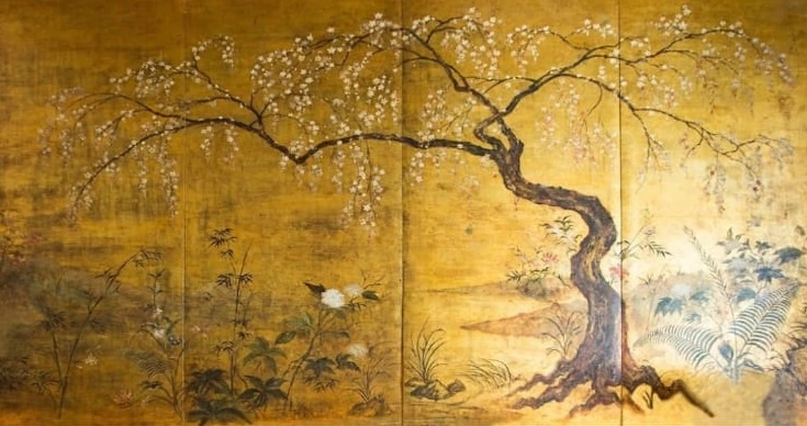 Фотообои на стену - наши работы, золотые, на золоте, японские, дерево, ветка магнолии