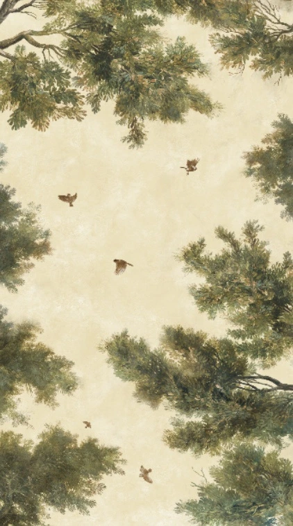 Фотообои на стену - потолок, макушки деревьев, птицы, на бежевом