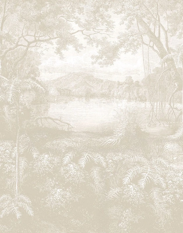 Фотообои на стену - наши работы, графика бежевая, парк, деревья, лес, река